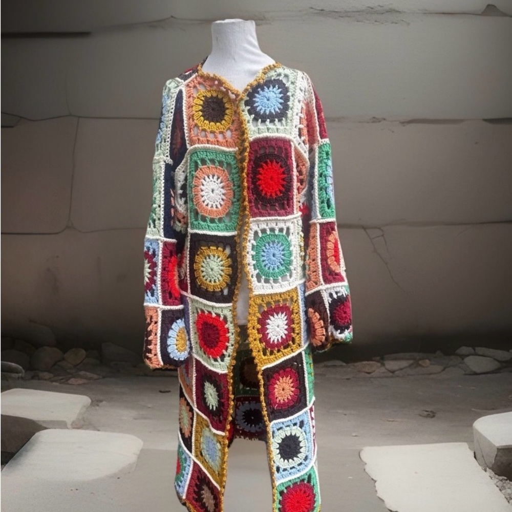 Handmade for Emily whenever  Crochet Granny-Square Long Cardigan Sweater